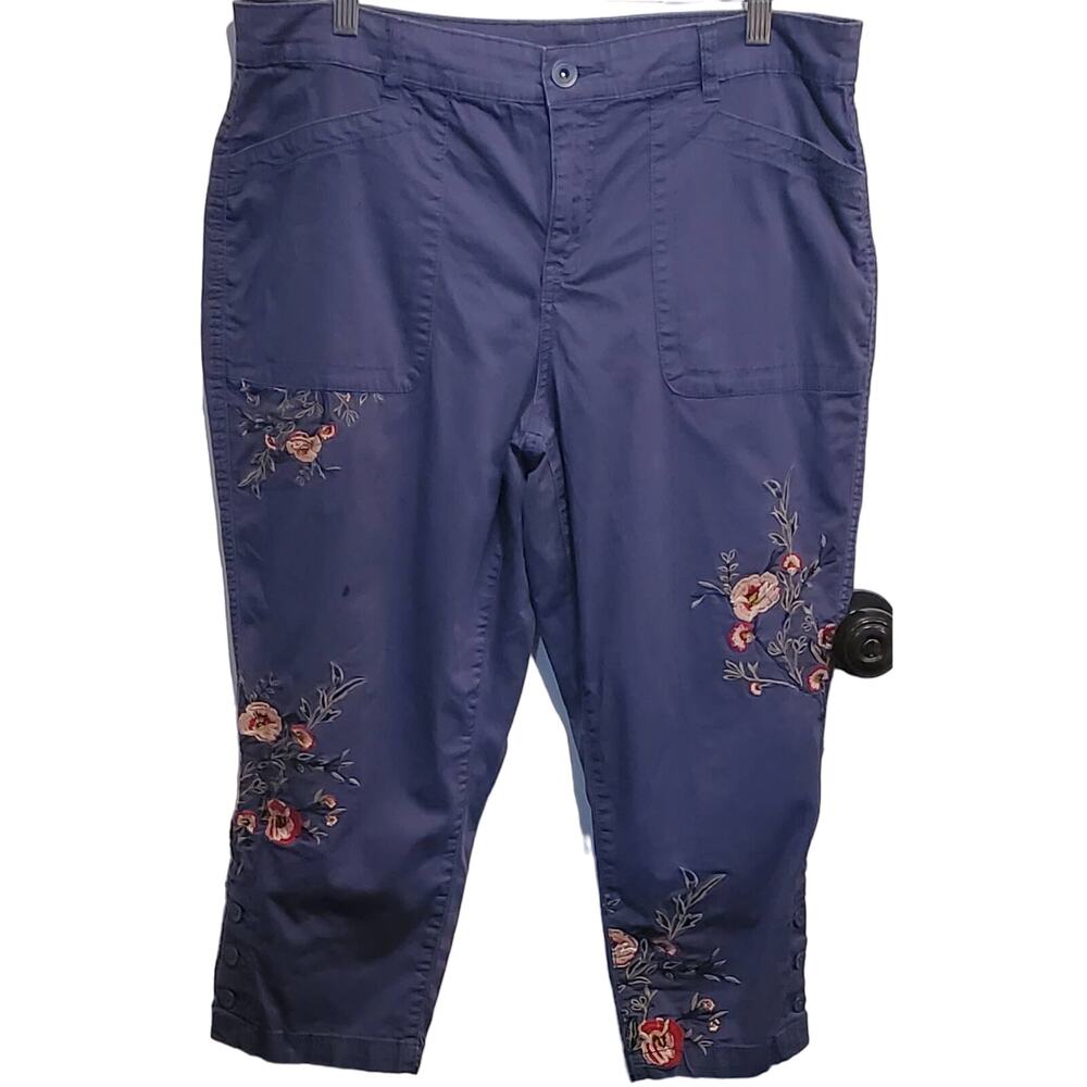 Style & Co Pants Blue Cropped Capri Floral Embroidered Plus Size 14